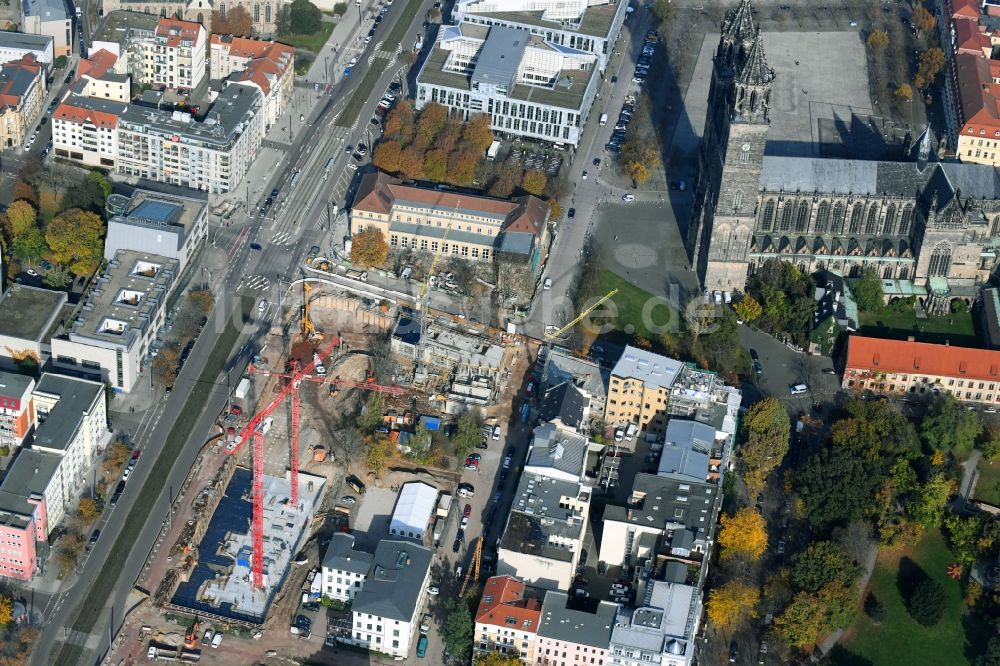 Luftaufnahme Magdeburg - Baustelle zum Neubau eines Wohn- und Geschäftshauses an der Danzstraße Ecke Breiter Weg im Ortsteil Altstadt in Magdeburg im Bundesland Sachsen-Anhalt, Deutschland