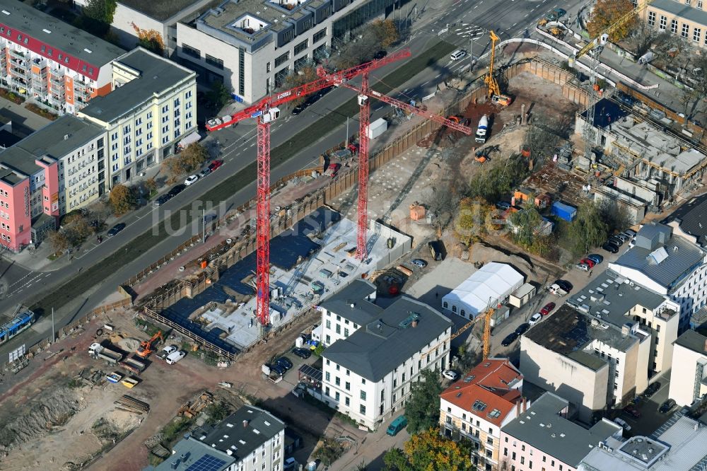 Magdeburg aus der Vogelperspektive: Baustelle zum Neubau eines Wohn- und Geschäftshauses an der Danzstraße Ecke Breiter Weg im Ortsteil Altstadt in Magdeburg im Bundesland Sachsen-Anhalt, Deutschland