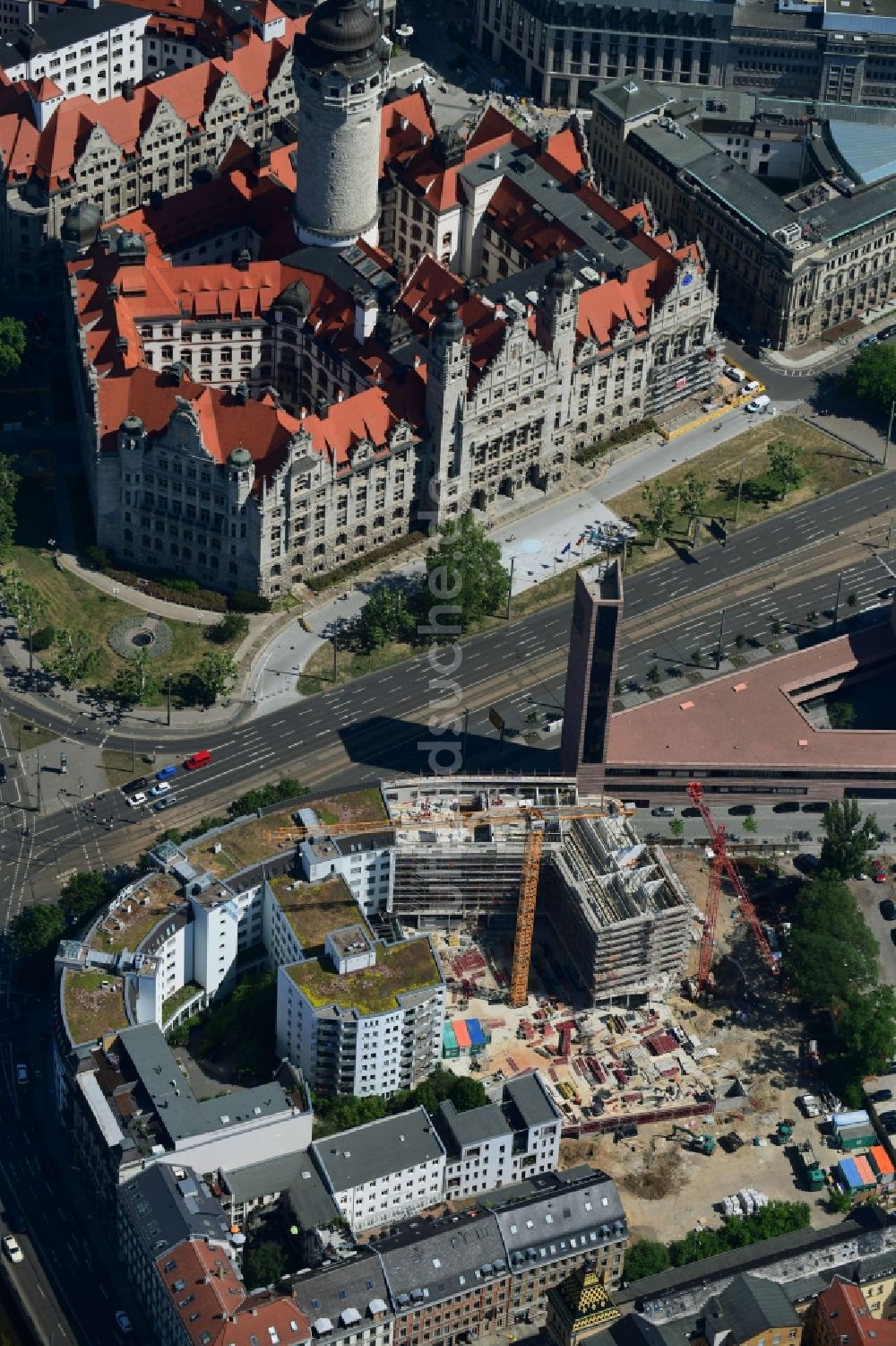 Luftbild Leipzig - Baustelle zum Neubau eines Wohn- und Geschäftshauses an der Nonnenmühlgasse in Leipzig im Bundesland Sachsen, Deutschland