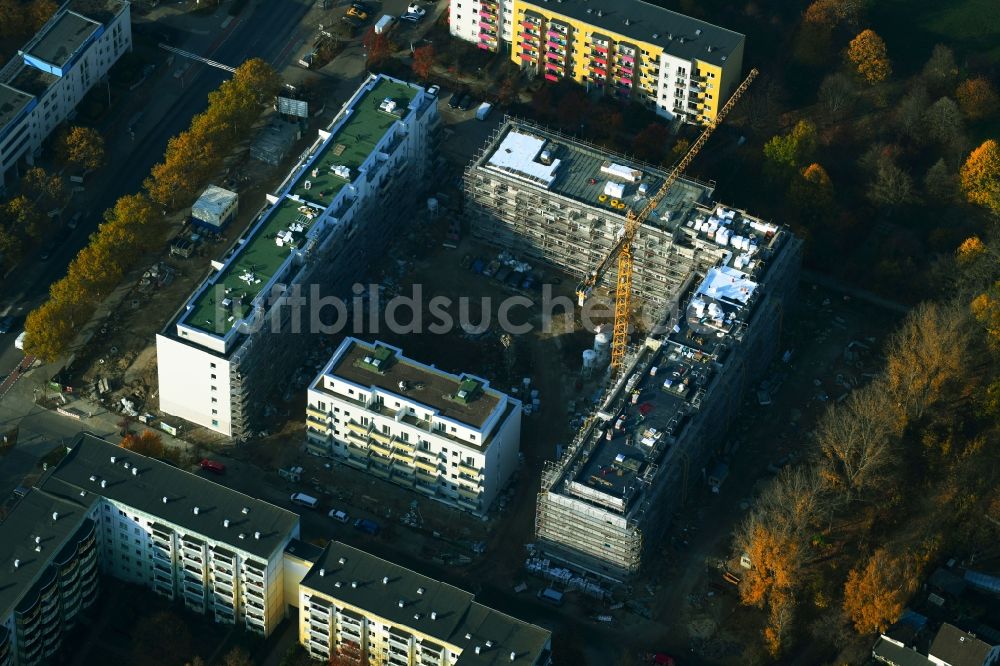 Berlin von oben - Baustelle zum Neubau eines Wohn- und Geschäftshauses an der Schwarzheider Straße Ecke Louis-Lewin-Straße - Forster Straße im Ortsteil Hellersdorf in Berlin, Deutschland