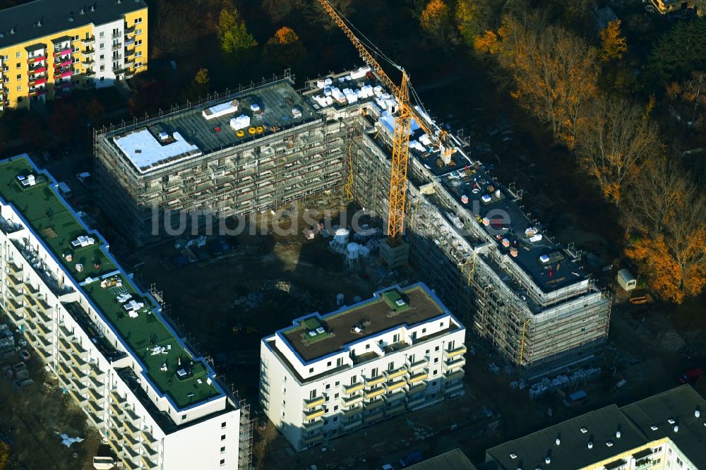 Berlin von oben - Baustelle zum Neubau eines Wohn- und Geschäftshauses an der Schwarzheider Straße Ecke Louis-Lewin-Straße - Forster Straße im Ortsteil Hellersdorf in Berlin, Deutschland