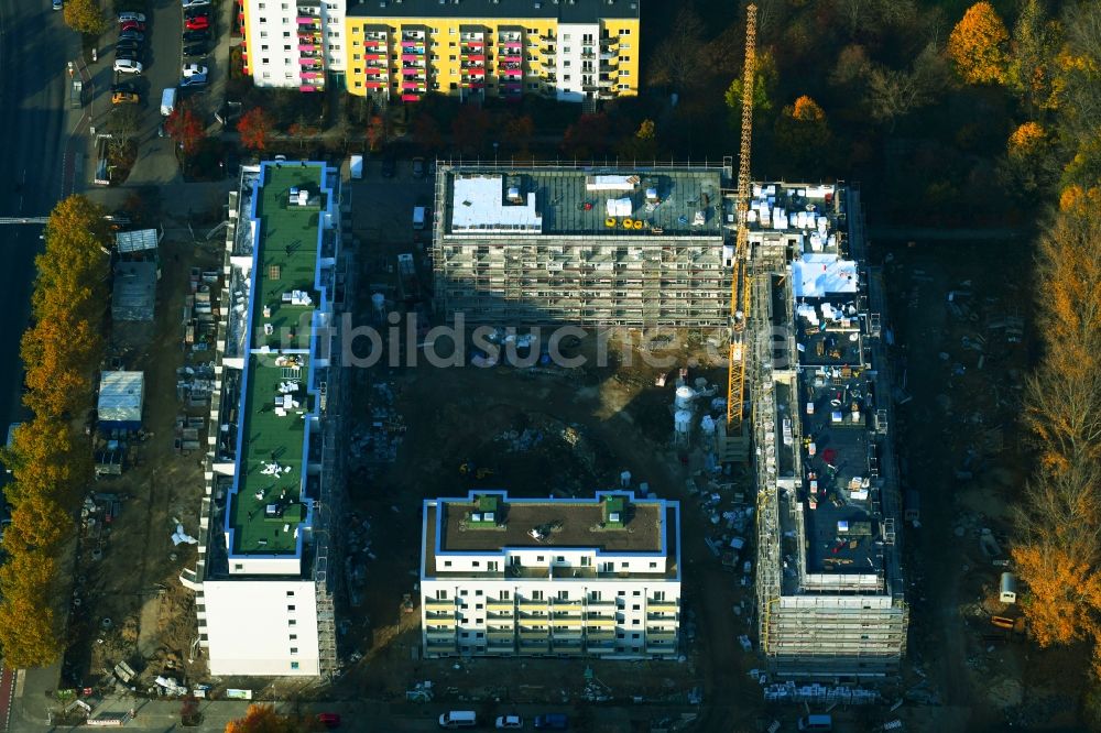 Berlin aus der Vogelperspektive: Baustelle zum Neubau eines Wohn- und Geschäftshauses an der Schwarzheider Straße Ecke Louis-Lewin-Straße - Forster Straße im Ortsteil Hellersdorf in Berlin, Deutschland