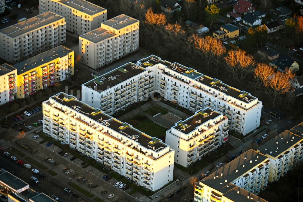 Luftaufnahme Berlin - Baustelle zum Neubau eines Wohn- und Geschäftshauses an der Schwarzheider Straße Ecke Louis-Lewin-Straße - Forster Straße im Ortsteil Hellersdorf in Berlin, Deutschland