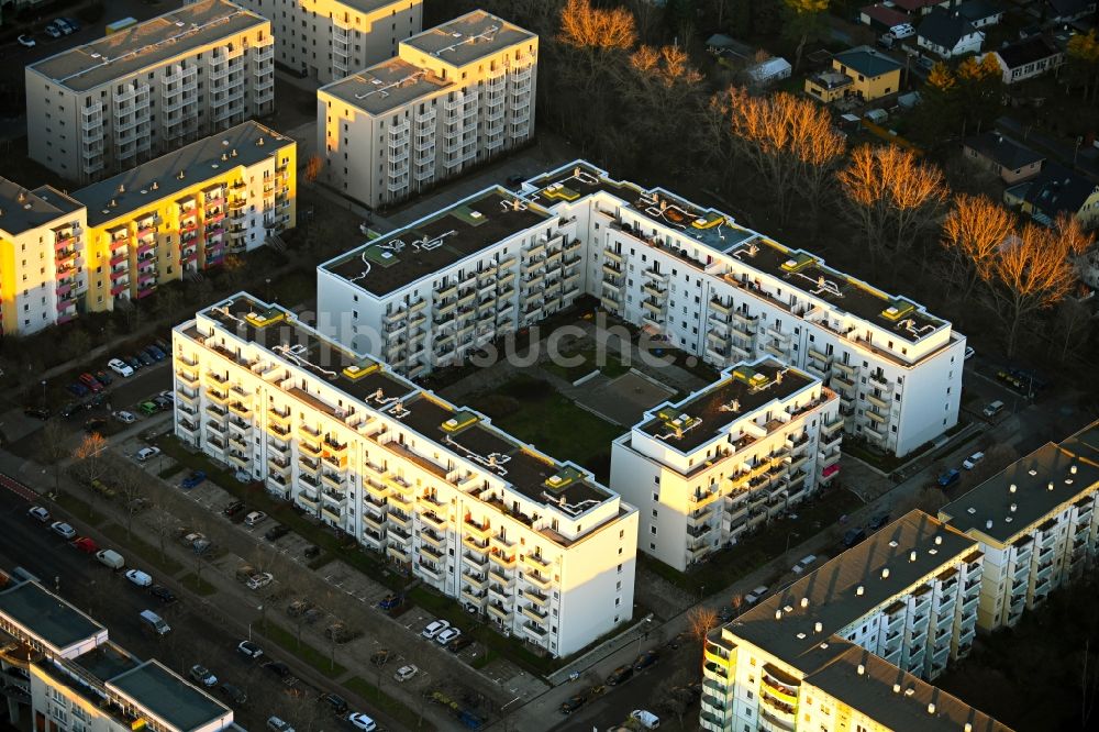 Berlin von oben - Baustelle zum Neubau eines Wohn- und Geschäftshauses an der Schwarzheider Straße Ecke Louis-Lewin-Straße - Forster Straße im Ortsteil Hellersdorf in Berlin, Deutschland