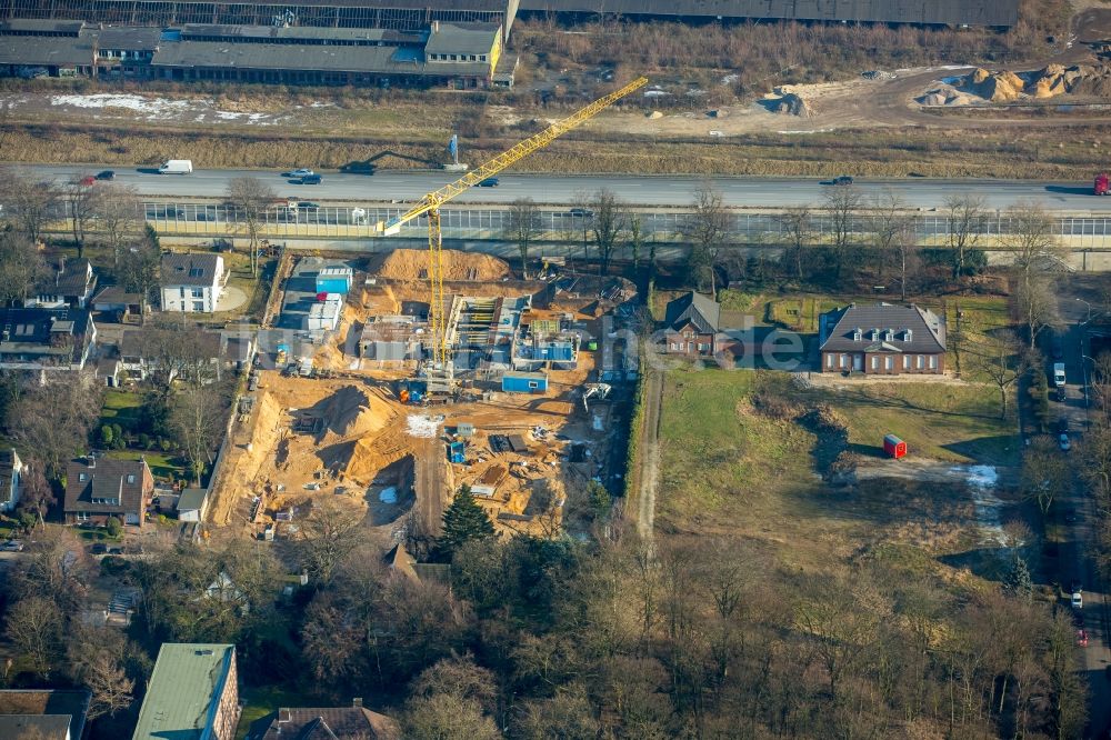 Luftbild Duisburg - Baustelle zum Neubau- Wohngebiet einer Mehrfamilienhaus- Siedlung Brockhoffstraße im Dellviertel an der A59 im Ortsteil Dellviertel in Duisburg im Bundesland Nordrhein-Westfalen