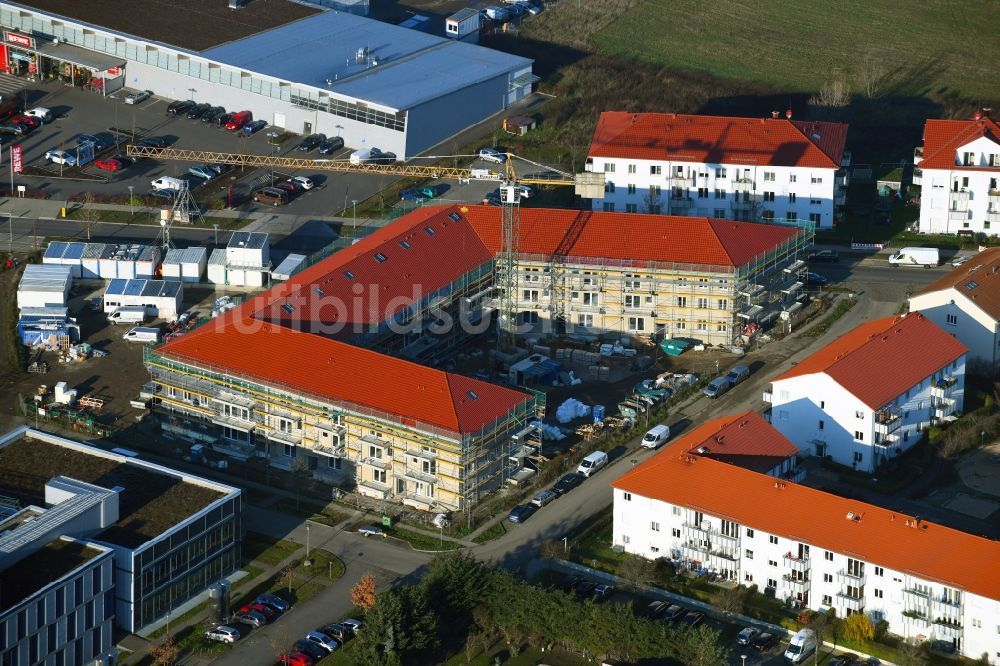 Potsdam aus der Vogelperspektive: Baustelle zum Neubau eines Wohnhauses der Bayerische Städte- und Wohnungsbau GmbH & Co. KG Am Zachelsberg / In der Feldmark im Ortsteil Golm in Potsdam im Bundesland Brandenburg, Deutschland