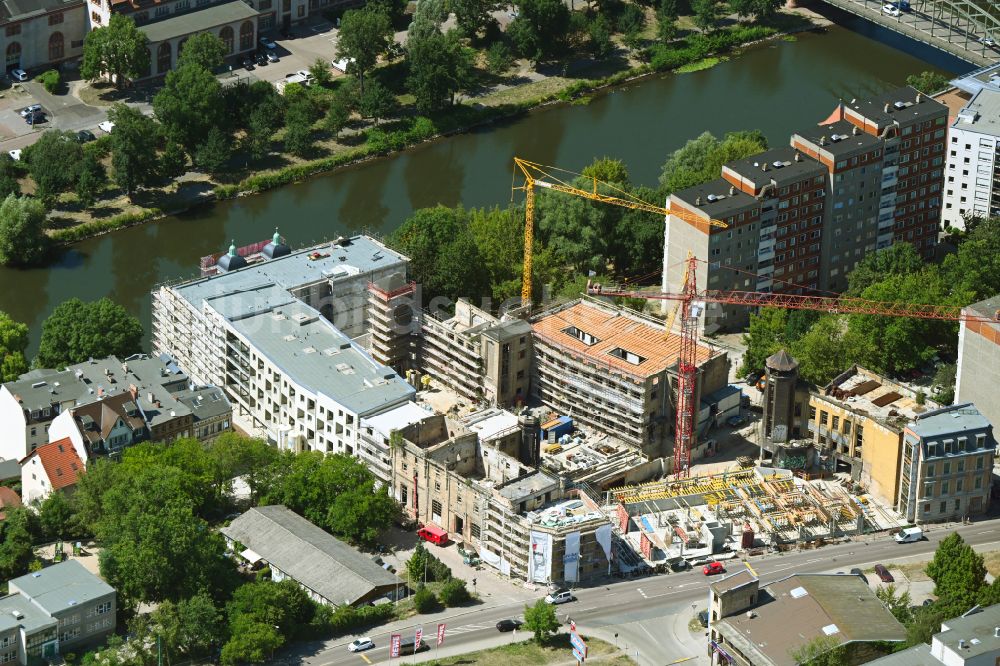 Luftbild Halle (Saale) - Baustelle zum Neubau eines Wohnhauses auf dem Gelände der ehemaligen Freyberg Brauerei an den Weingärten in Halle (Saale) im Bundesland Sachsen-Anhalt, Deutschland