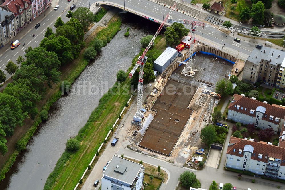 Luftaufnahme Gera - Baustelle zum Neubau eines Wohnhauses des Das HeinrichsQuartier mit altersgerechten Wohnungen in Gera im Bundesland Thüringen, Deutschland