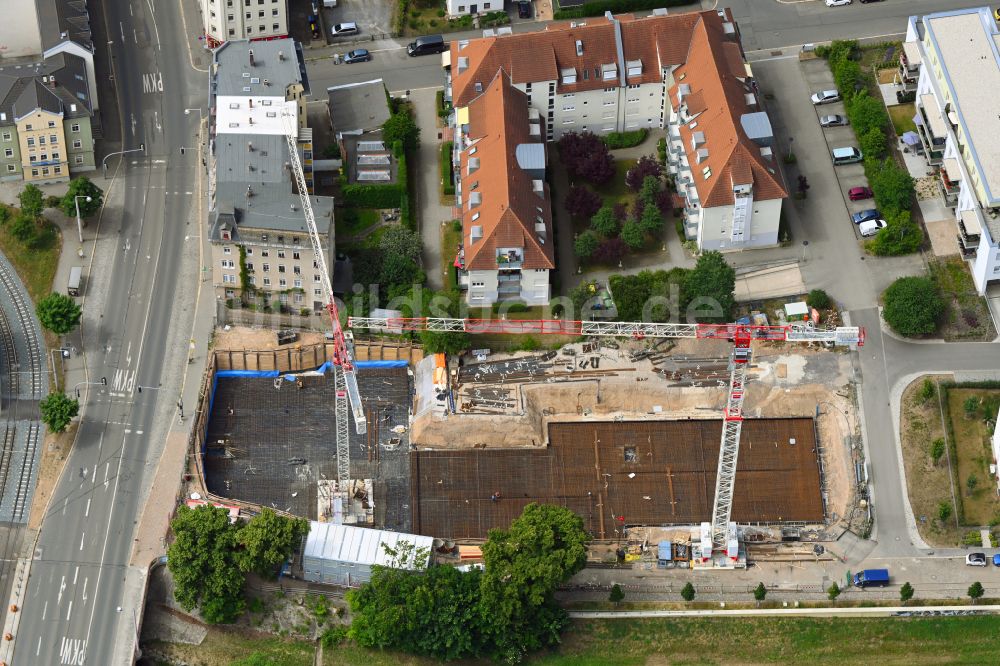 Gera von oben - Baustelle zum Neubau eines Wohnhauses des Das HeinrichsQuartier mit altersgerechten Wohnungen in Gera im Bundesland Thüringen, Deutschland