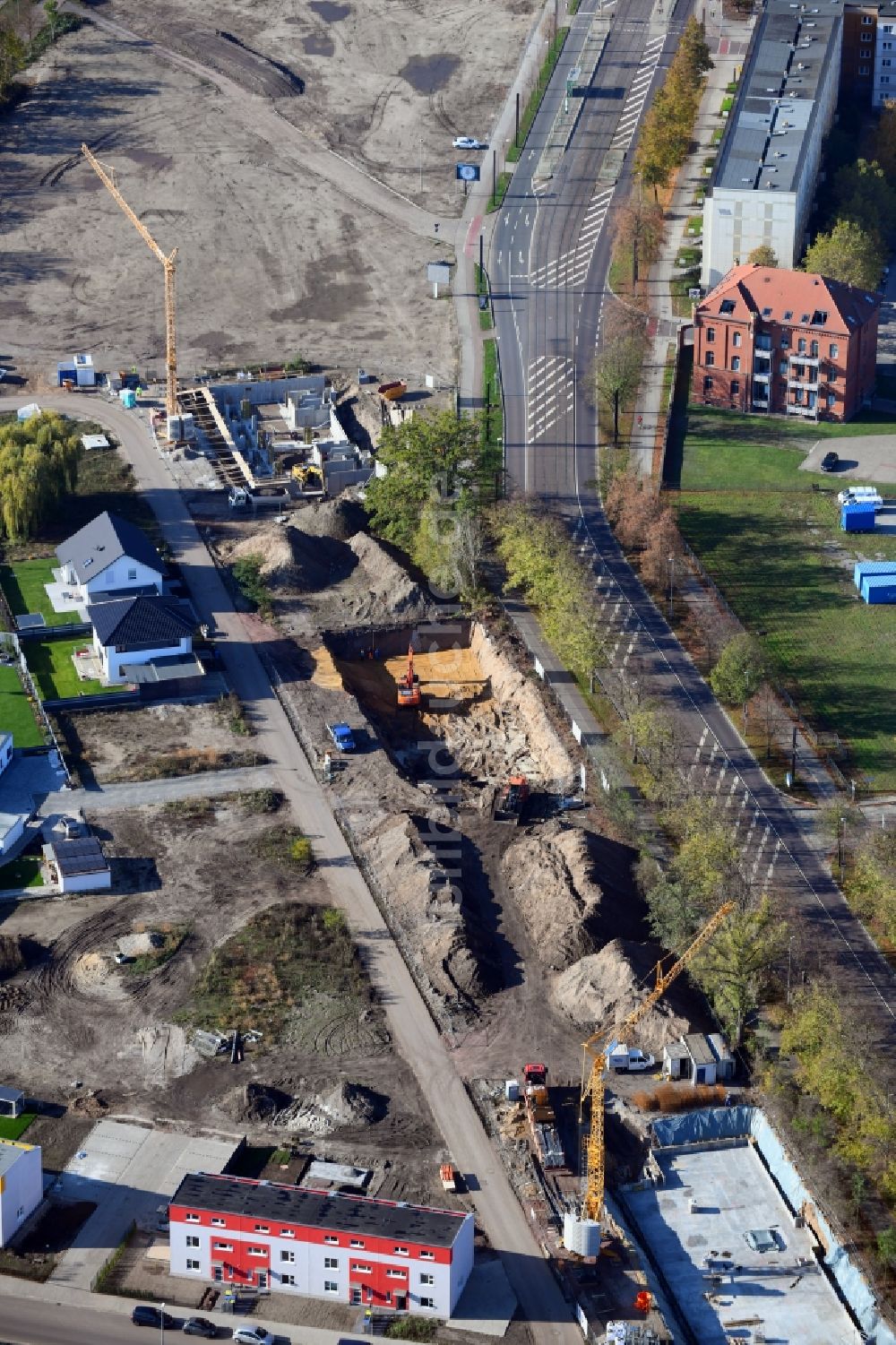 Luftbild Magdeburg - Baustelle zum Neubau eines Wohnhauses im Ortsteil Brückfeld in Magdeburg im Bundesland Sachsen-Anhalt, Deutschland