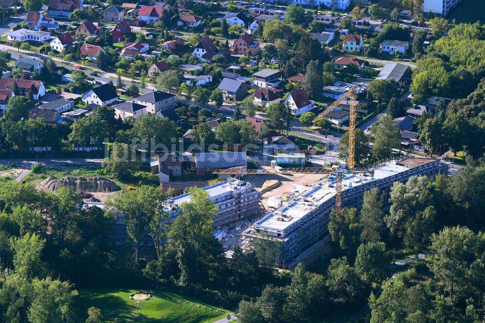 Bernau aus der Vogelperspektive: Baustelle zum Neubau eines Wohnhauses des Projekts Panke Aue am Schönfelder Weg in Bernau im Bundesland Brandenburg, Deutschland