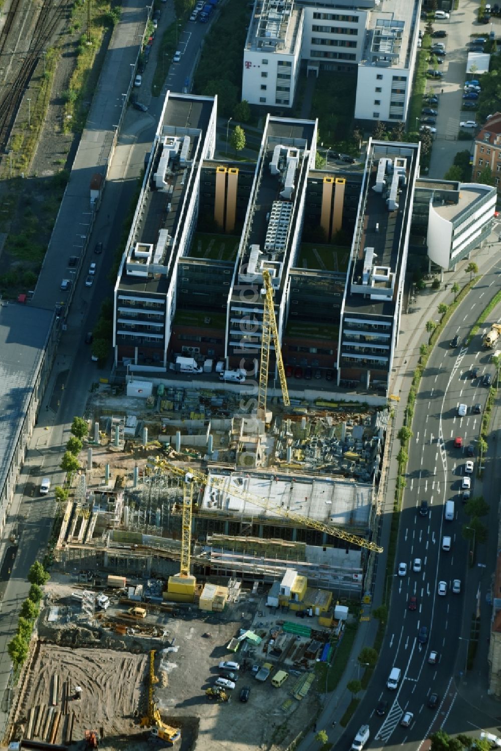 Leipzig aus der Vogelperspektive: Baustelle zum Neubau des ZOB Omnibus- Bahnhof Fernbusterminal Leipzig der S&G DEVELOPMENT GmbH im Ortsteil Mitte in Leipzig im Bundesland Sachsen, Deutschland