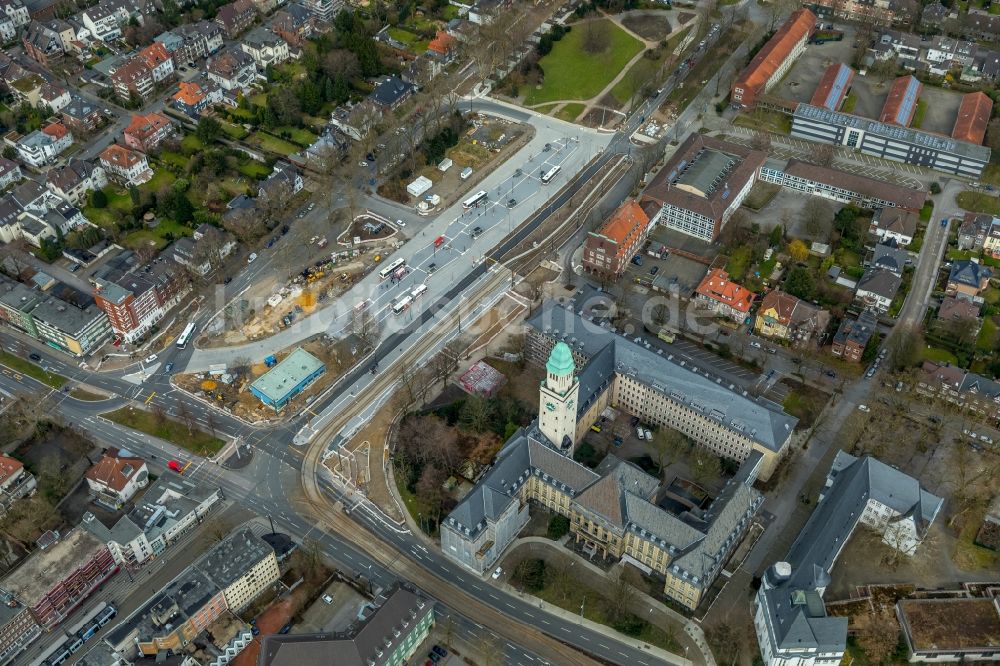 Luftaufnahme Gelsenkirchen - Baustelle zum Neubau des ZOB Omnibus- Bahnhof an der Goldbergstraße im Ortsteil Buer in Gelsenkirchen im Bundesland Nordrhein-Westfalen, Deutschland