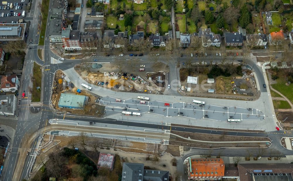 Gelsenkirchen aus der Vogelperspektive: Baustelle zum Neubau des ZOB Omnibus- Bahnhof an der Goldbergstraße im Ortsteil Buer in Gelsenkirchen im Bundesland Nordrhein-Westfalen, Deutschland