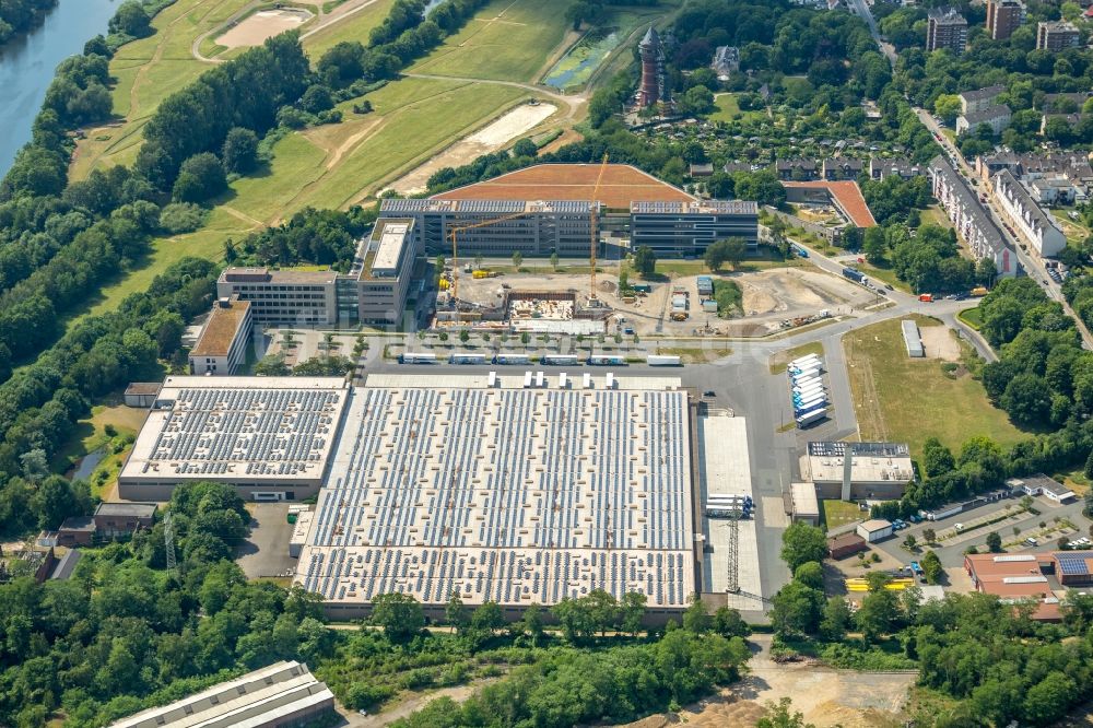 Mülheim an der Ruhr von oben - Baustelle zum Neubau zur Erweiterung der Aldi-Süd Verwaltung und Logistiklager im Stadtteil Styrum in Mülheim an der Ruhr im Bundesland Nordrhein-Westfalen