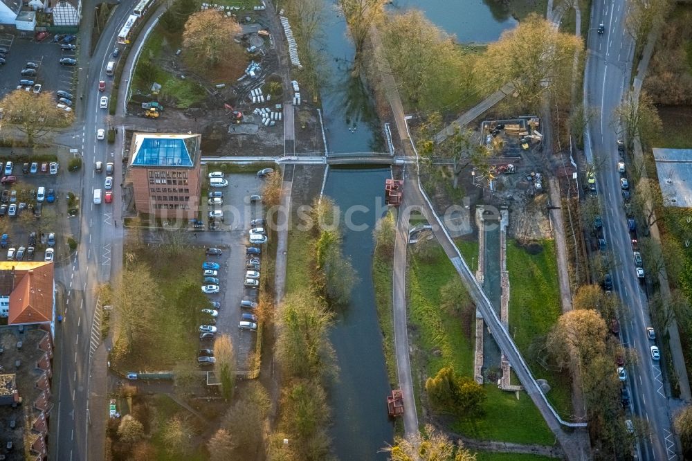 Hamm von oben - Baustelle zum Neubau und zur Erweiterung des Straßenverlaufes durch den Nordring-Park in Hamm im Bundesland Nordrhein-Westfalen, Deutschland