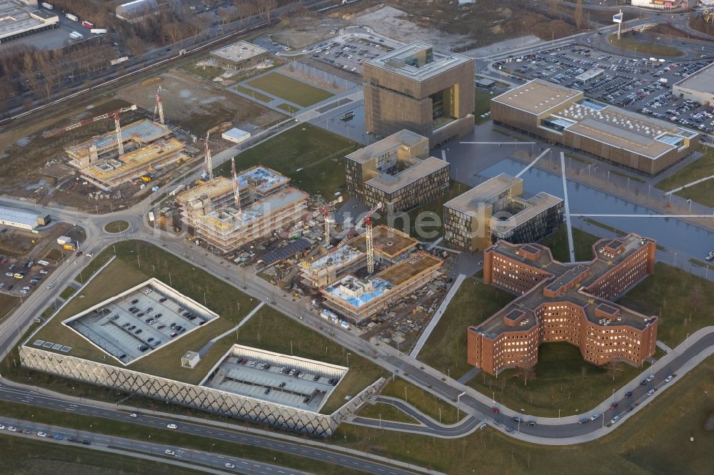 Luftbild Essen - Baustelle zum neuen Bauabschnitt auf dem Areal des Kruppgürtel , der Hauptverwaltung des Konzern ThyssenKrupp in Essen in Nordrhein-Westfalen NRW