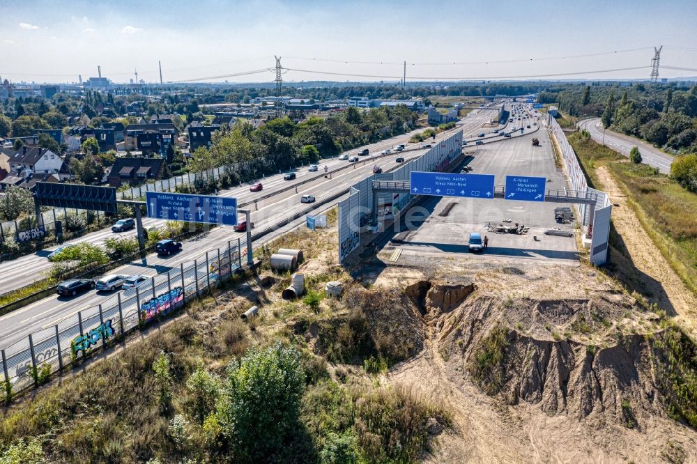 Luftaufnahme Leverkusen - Baustelle zum Sanierung und Instandsetzung des Autobahn- Brückenbauwerk Leverkusener Rheinbrücke in Leverkusen im Bundesland Nordrhein-Westfalen, Deutschland