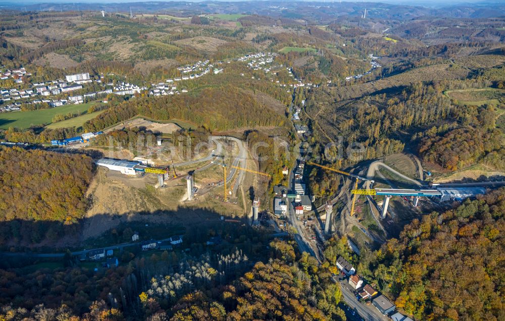 Luftbild Oberrahmede - Baustelle zum Sanierung und Instandsetzung des Autobahn- Brückenbauwerk Talbrücke Rahmede in Oberrahmede im Bundesland Nordrhein-Westfalen, Deutschland