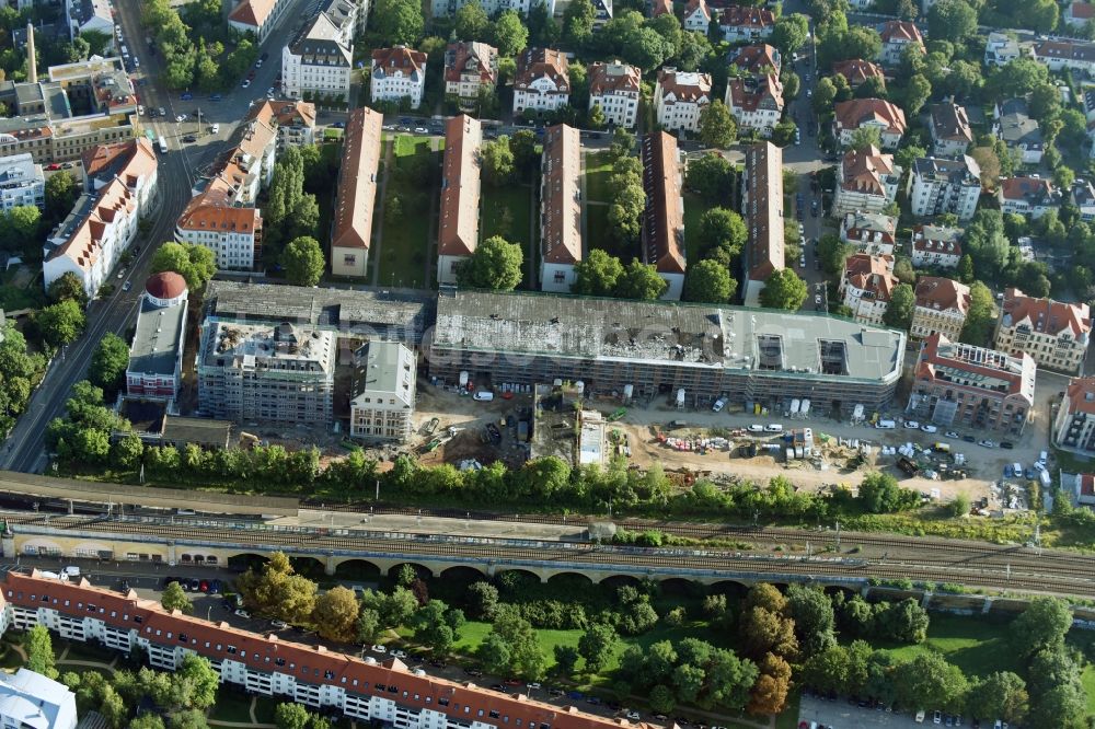 Luftbild Leipzig - Baustelle zum Umbau und Ausbau der denkmalgeschützten Altbau- Gebäude der Bleichert Werke durch die CG Gruppe AG im Ortsteil Gohlis in Leipzig im Bundesland Sachsen, Deutschland