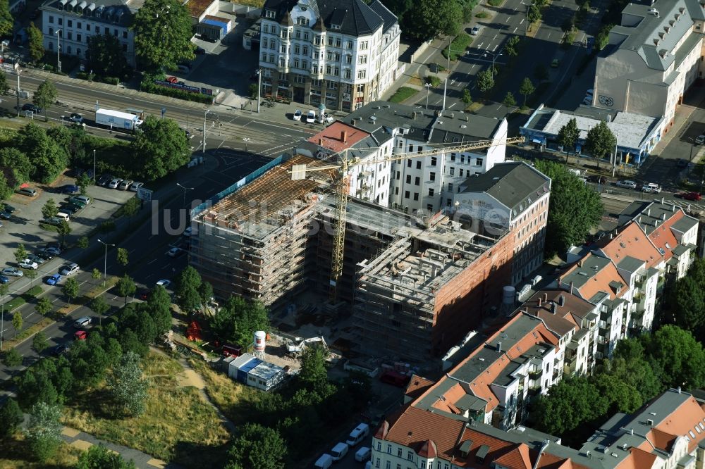 Leipzig von oben - Baustelle zum Umbau und Ausbau des denkmalgeschützten Altbau- Gebäudes Perthesstraße - Gerichtsweg im Areal Graphisches Viertel in Leipzig im Bundesland Sachsen