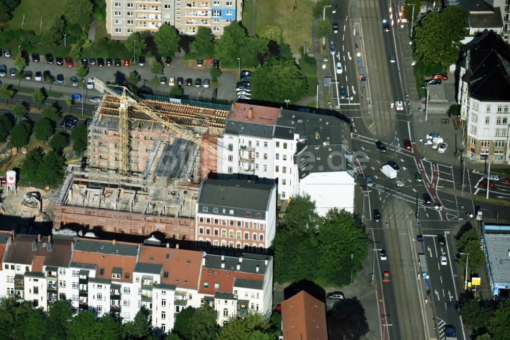 Leipzig von oben - Baustelle zum Umbau und Ausbau des denkmalgeschützten Altbau- Gebäudes Perthesstraße - Gerichtsweg im Areal Graphisches Viertel in Leipzig im Bundesland Sachsen