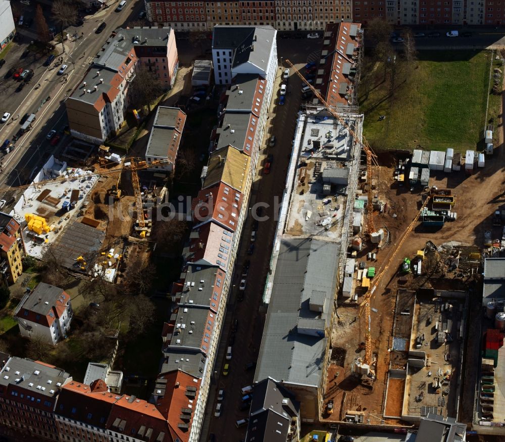 Luftbild Leipzig - Baustelle zum Umbau und Ausbau des denkmalgeschützten Altbau- Gebäudes der Stadtbau Wohnprojekte GmbH in Leipzig im Bundesland Sachsen