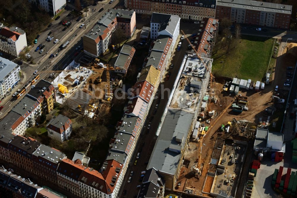 Luftaufnahme Leipzig - Baustelle zum Umbau und Ausbau des denkmalgeschützten Altbau- Gebäudes der Stadtbau Wohnprojekte GmbH in Leipzig im Bundesland Sachsen