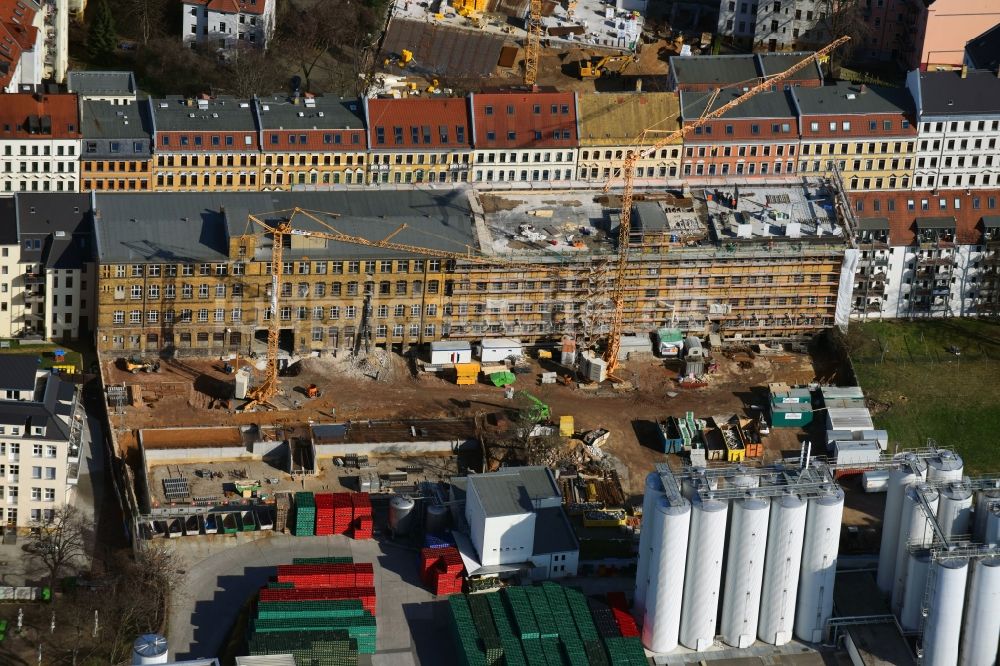 Luftaufnahme Leipzig - Baustelle zum Umbau und Ausbau des denkmalgeschützten Altbau- Gebäudes der Stadtbau Wohnprojekte GmbH in Leipzig im Bundesland Sachsen