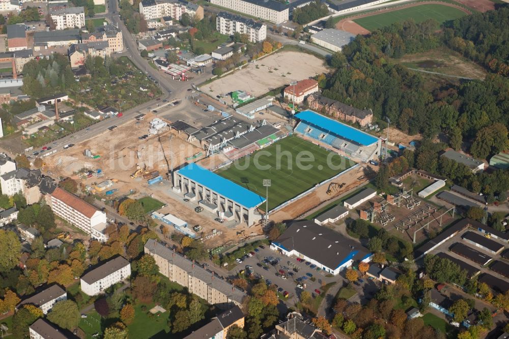 Luftaufnahme Chemnitz - Baustelle zum Umbau des CFC - Stadion in Chemnitz im Bundesland Sachsen