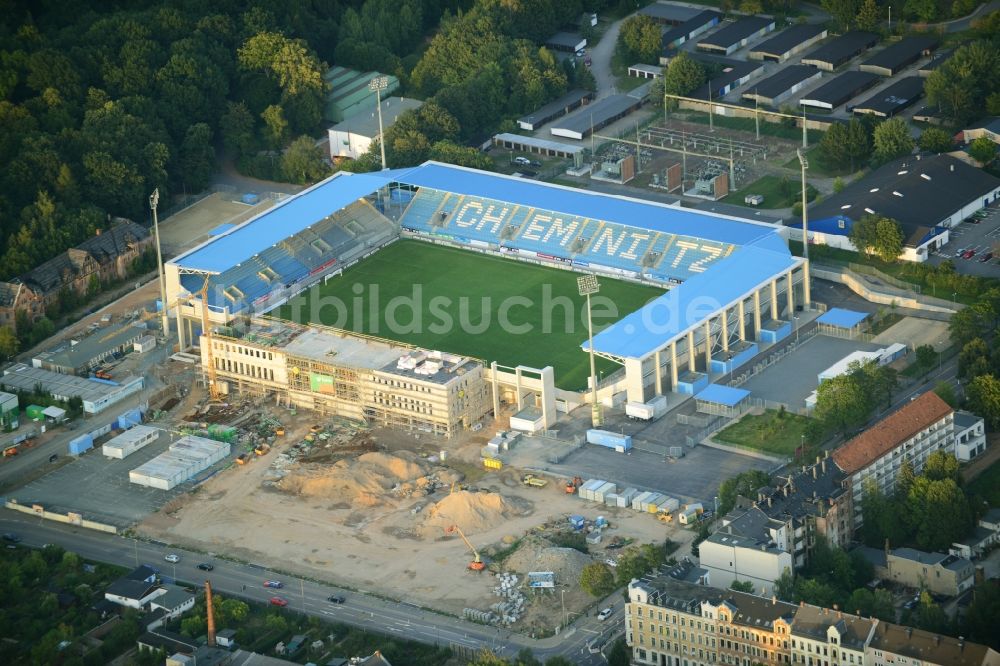 Chemnitz aus der Vogelperspektive: Baustelle zum Umbau des CFC - Stadion in Chemnitz im Bundesland Sachsen