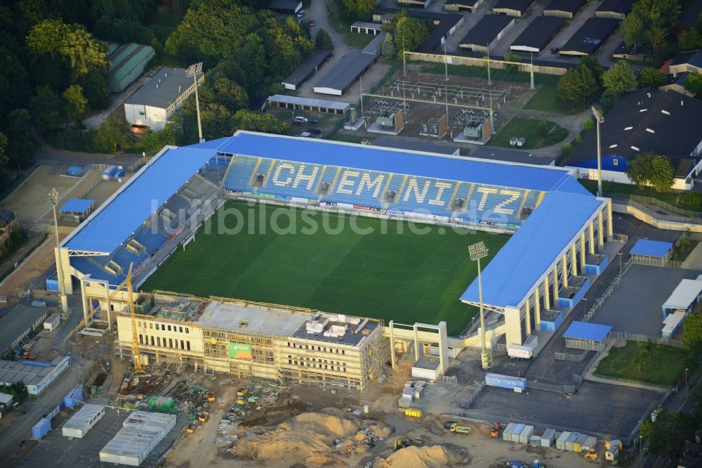 Luftaufnahme Chemnitz - Baustelle zum Umbau des CFC - Stadion in Chemnitz im Bundesland Sachsen