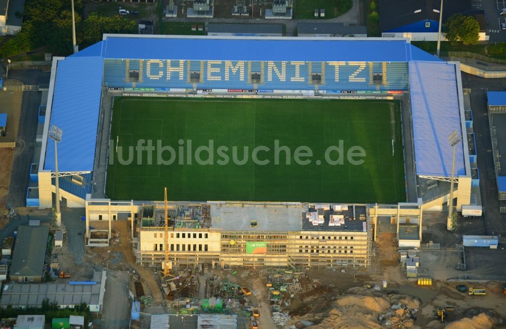 Chemnitz aus der Vogelperspektive: Baustelle zum Umbau des CFC - Stadion in Chemnitz im Bundesland Sachsen