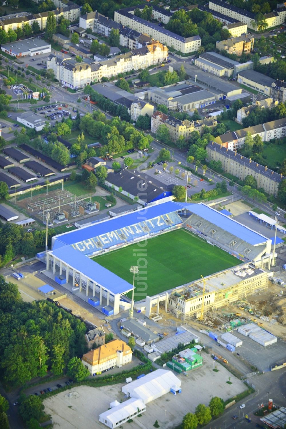 Luftbild Chemnitz - Baustelle zum Umbau des CFC - Stadion in Chemnitz im Bundesland Sachsen