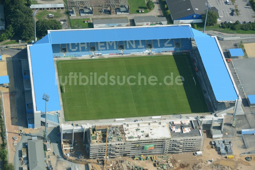 Luftaufnahme Chemnitz - Baustelle zum Umbau des CFC - Stadion in Chemnitz im Bundesland Sachsen