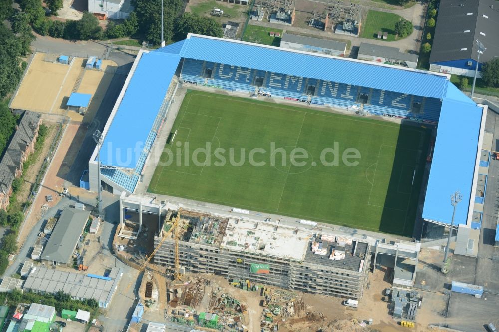 Chemnitz aus der Vogelperspektive: Baustelle zum Umbau des CFC - Stadion in Chemnitz im Bundesland Sachsen