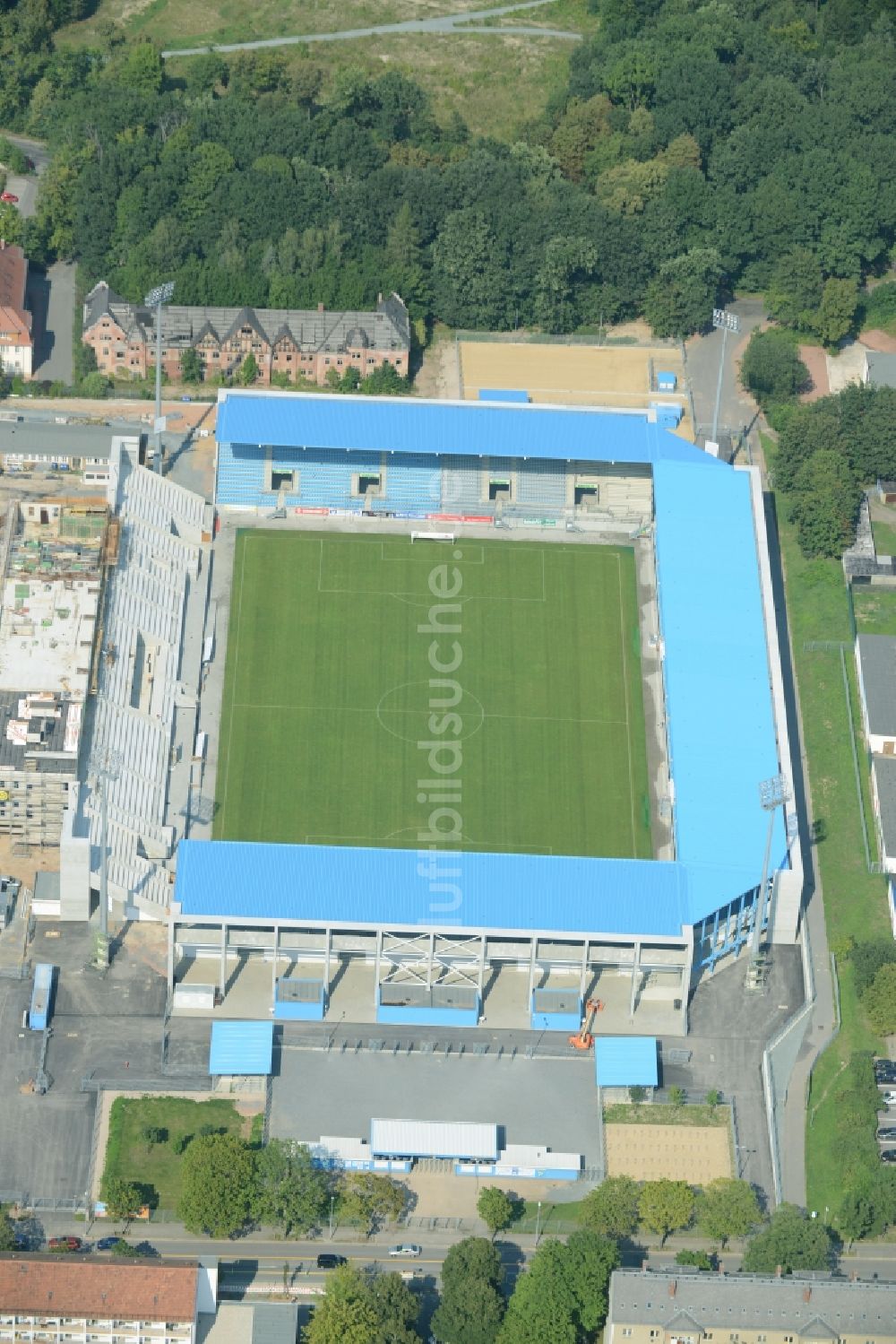 Chemnitz aus der Vogelperspektive: Baustelle zum Umbau des CFC - Stadion in Chemnitz im Bundesland Sachsen