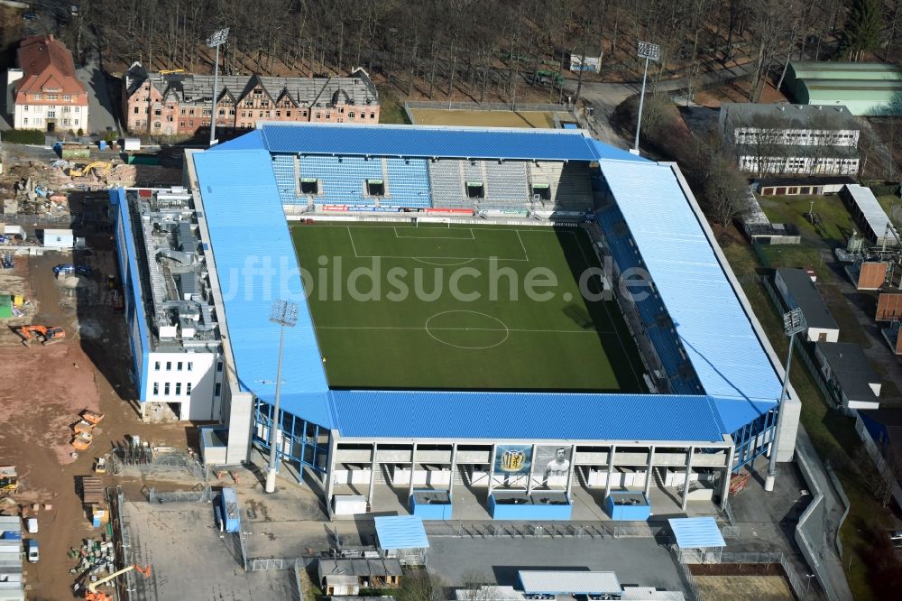 Luftaufnahme Chemnitz - Baustelle zum Umbau des CFC - Stadion in Chemnitz im Bundesland Sachsen