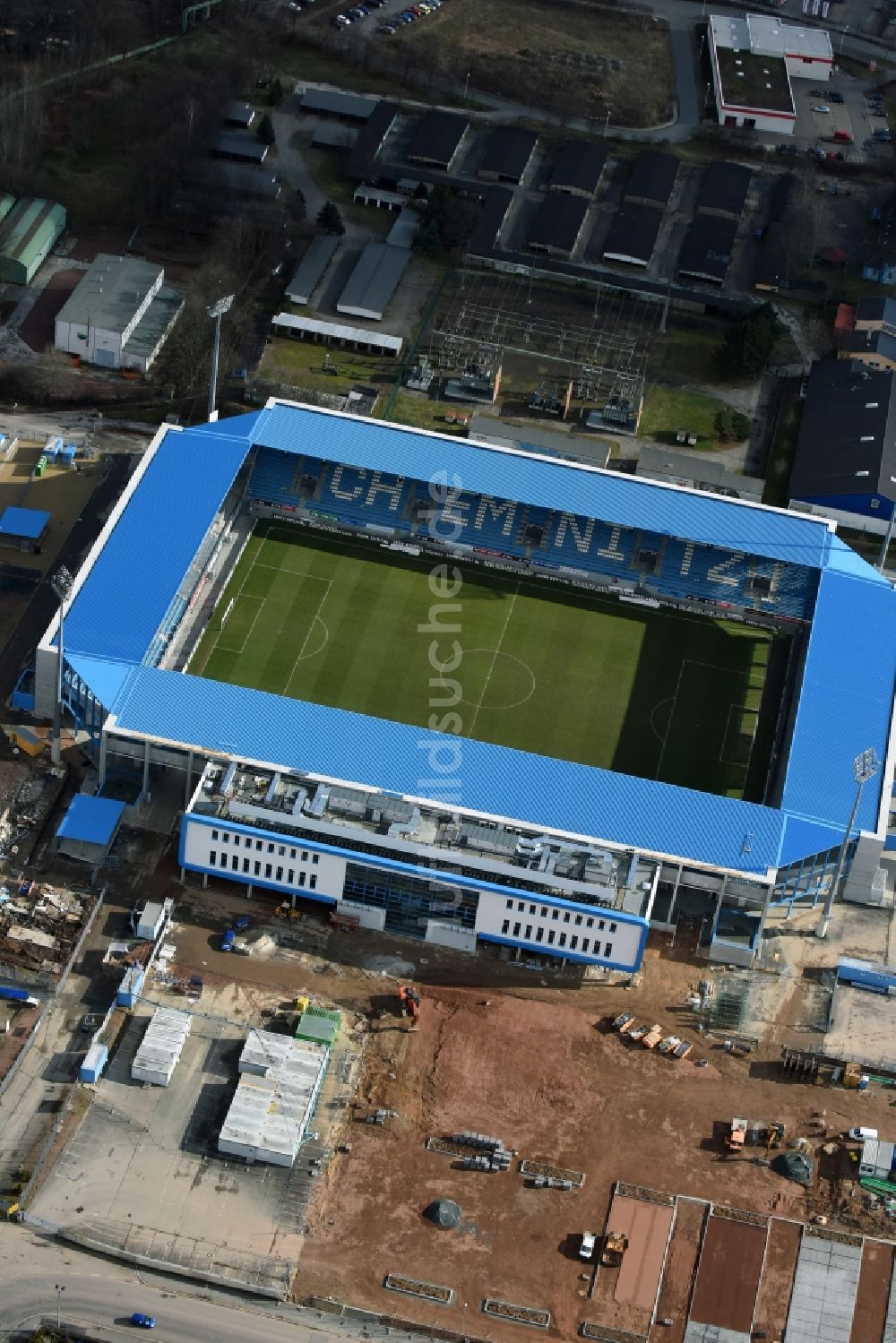 Chemnitz aus der Vogelperspektive: Baustelle zum Umbau des CFC - Stadion in Chemnitz im Bundesland Sachsen