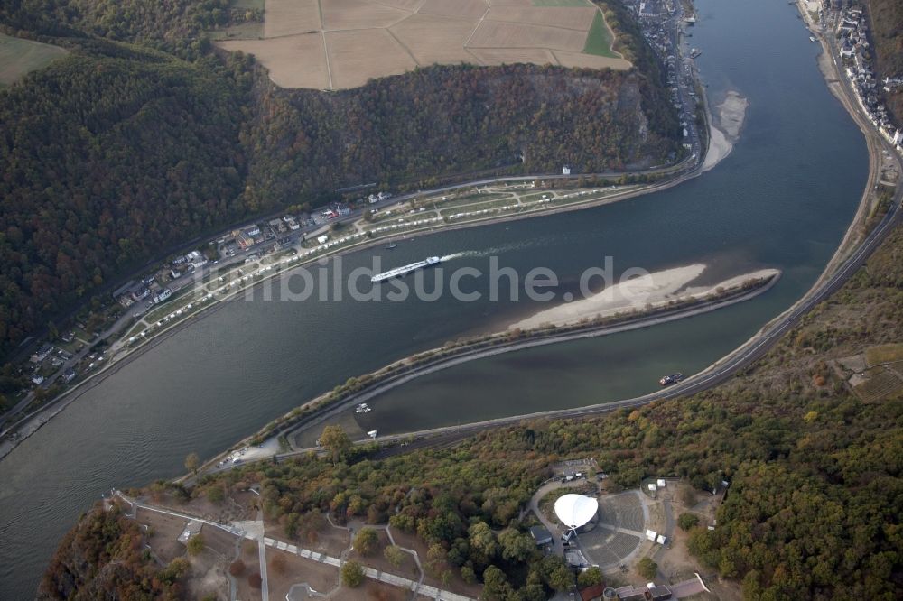 Luftbild Bornich - Baustelle zur Errichtung einer neuen Parkanlage Besucherzentrum Auf der Loreley am Loreleyplateau in St. Goarshausen im Bundesland Rheinland-Pfalz, Deutschland