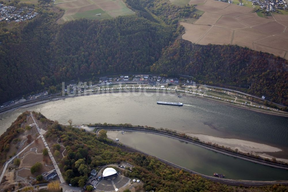 Bornich aus der Vogelperspektive: Baustelle zur Errichtung einer neuen Parkanlage Besucherzentrum Auf der Loreley am Loreleyplateau in St. Goarshausen im Bundesland Rheinland-Pfalz, Deutschland