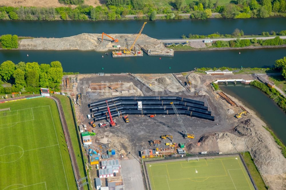 Hamm von oben - Baustelle zur Verlegung von Leitungs- Rohren der Fernwärmeleitung- Unterquerung von Lippe und Datteln-Hamm-Kanal im HDD-Verfahren und Horizontalbohrverfahren in Hamm im Bundesland Nordrhein-Westfalen