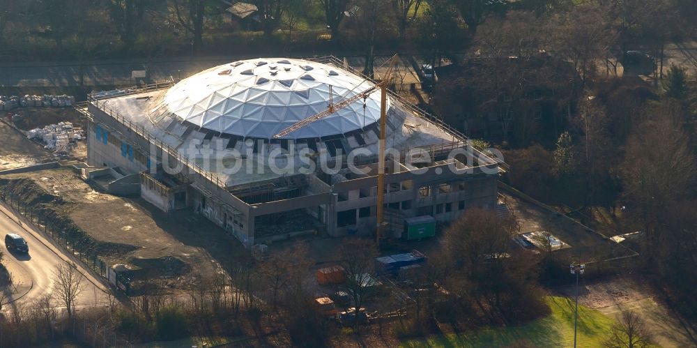 Luftaufnahme Essen OT Frohnhausen - Baustelle zuzm Neubau der Merkez- Moschee im ehemaligen Böhmer-Schuhlager am Bahnhof Frohnhausen in Essen im Bundesland Nordrhein-Westfalen