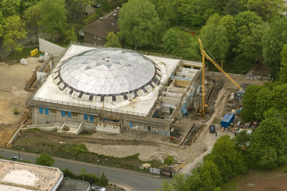 Essen OT Frohnhausen von oben - Baustelle zuzm Neubau der Merkez- Moschee im ehemaligen Böhmer-Schuhlager am Bahnhof Frohnhausen in Essen im Bundesland Nordrhein-Westfalen