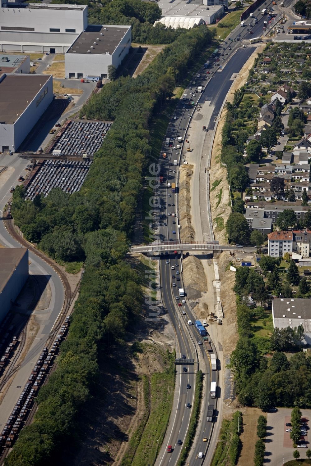 Bochum aus der Vogelperspektive: Baustellen zum Ausbau des Streckenverlaufes der Bundesautobahn BAB A448 in Bochum im Bundesland Nordrhein-Westfalen