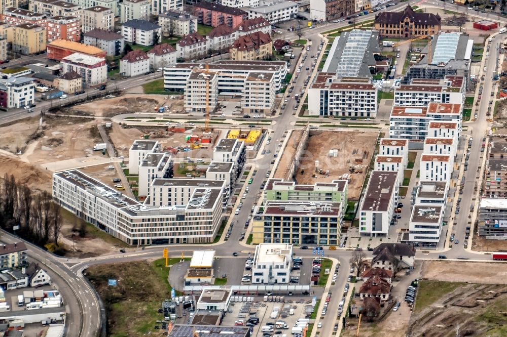 Freiburg im Breisgau aus der Vogelperspektive: Baustellen zum Neubau eines Stadtquartiers alter Güterbahnhof in Freiburg im Breisgau im Bundesland Baden-Württemberg, Deutschland