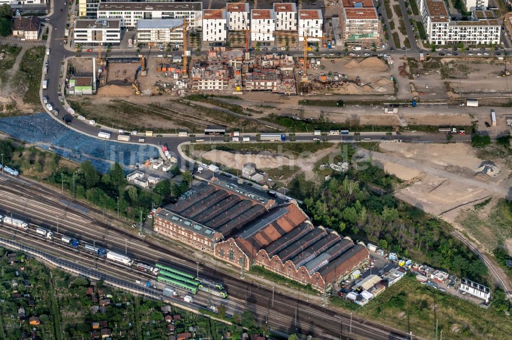 Freiburg im Breisgau aus der Vogelperspektive: Baustellen zum Neubau eines Stadtquartiers alter Güterbahnhof in Freiburg im Breisgau im Bundesland Baden-Württemberg, Deutschland