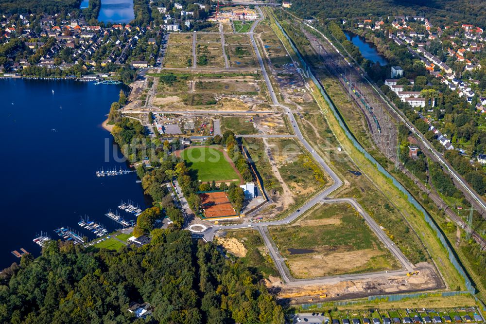 Luftaufnahme Duisburg - Baustellen zum Neubau eines Stadtquartiers 6 Seen Wedau - Wohnen am Wasser in Duisburg im Bundesland Nordrhein-Westfalen, Deutschland