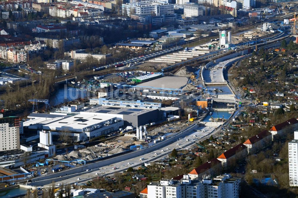 Luftbild Berlin - Baustellen zum Neubau der Verlängerung der Stadtautobahn A100 in Berlin Neukölln