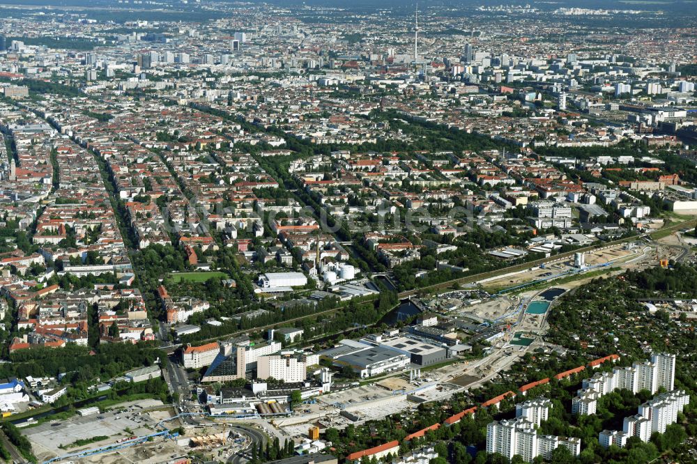 Berlin von oben - Baustellen zum Neubau der Verlängerung der Stadtautobahn A100 im Ortsteil Neukölln in Berlin, Deutschland